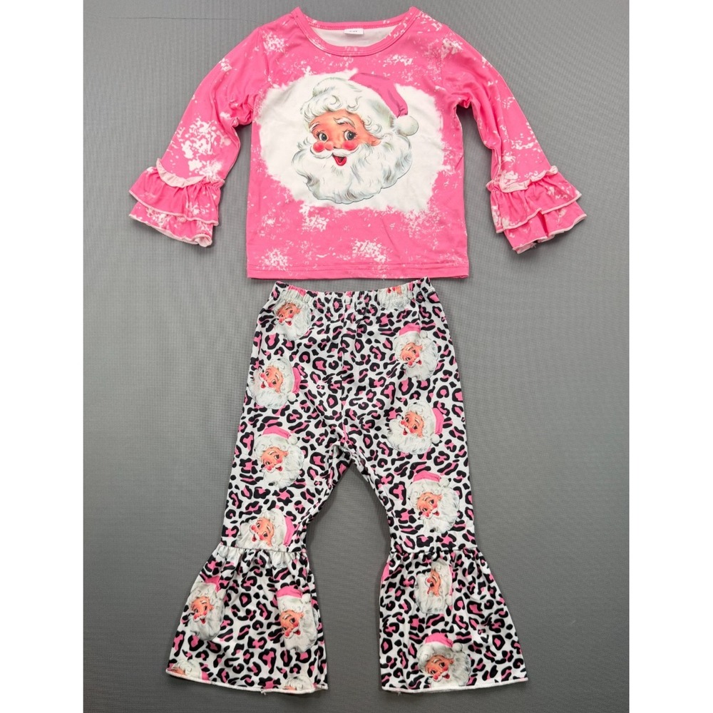 Toddler Girls Pink Leopard Vintage Santa Bell Bottoms Outfit Set Christmas 2-3yr